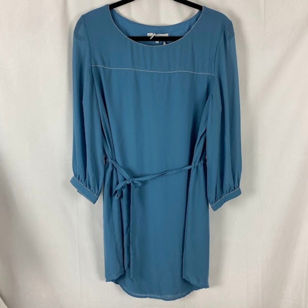 Naked Zebra Chic Blue Long Sleeve Tie Waist Casual Dress Minimalist Women' Large